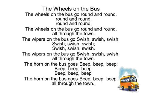 Original lyrics of Wheels On The Bus song by Raffi. Explain your version of song meaning, find more of Raffi lyrics. Watch official video, print or download text in PDF. ... The wipers on the bus go swish, swish, swish All 'round the town The driver on the bus goes 'move on back' Move on back Move on back